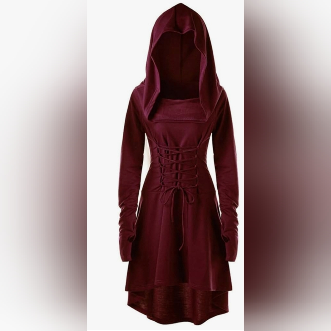 Elegant Burgundy Hooded Renaissance Costumes Halloween High Low Dress